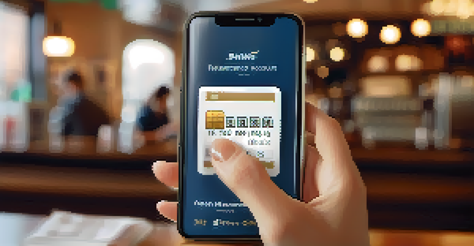 A close-up of hands holding a smartphone showing a banking app with a savings account balance, set in a cozy coffee shop.