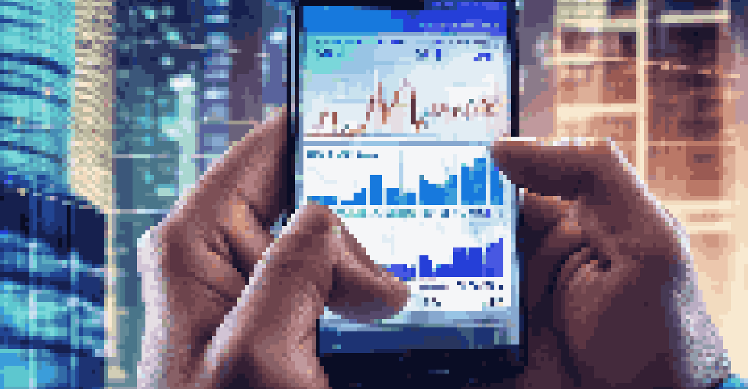 Hands holding a smartphone with stock market graphs, blurred skyscrapers in the background.