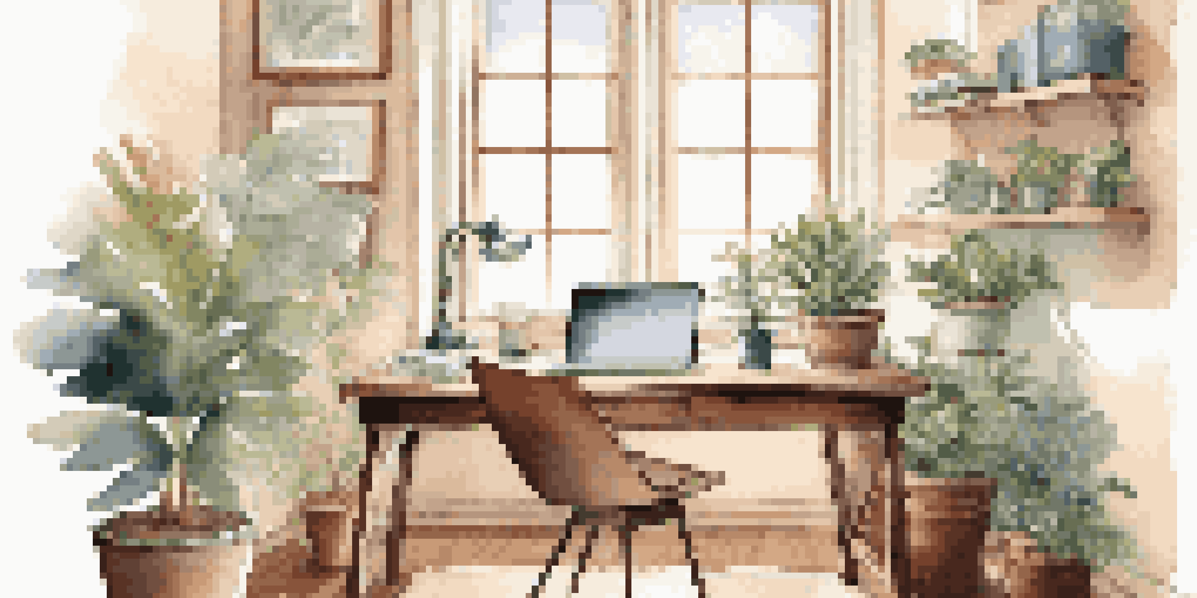 A peaceful home office with a wooden desk, laptop, potted plant, and a cup of coffee, illuminated by natural light.