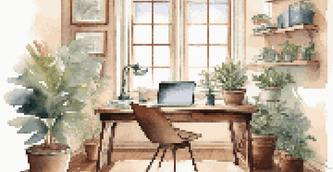 A peaceful home office with a wooden desk, laptop, potted plant, and a cup of coffee, illuminated by natural light.