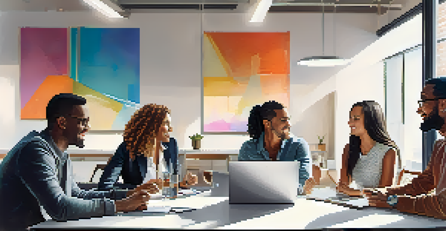 A diverse group discussing personal finance at a modern table, surrounded by laptops and notebooks in a bright room.
