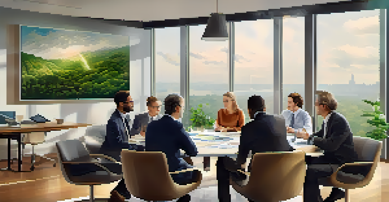 A group of investors discussing alternative investments around a table with reports and charts in a bright office.