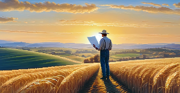 A farmer in a wheat field holding a futures contract with a sunset in the background.