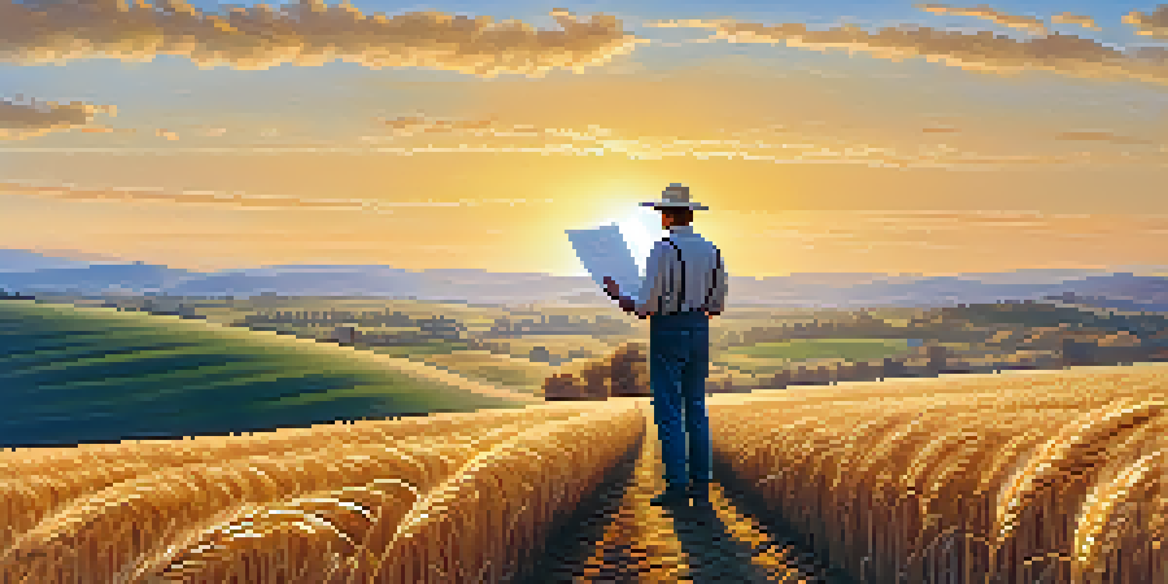 A farmer in a wheat field holding a futures contract with a sunset in the background.