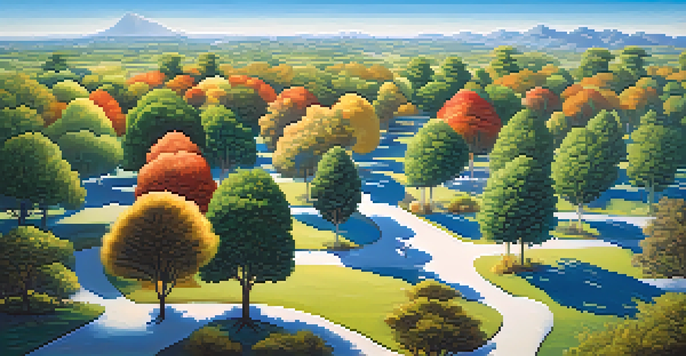 A colorful landscape with various trees representing different market sectors under a bright blue sky.