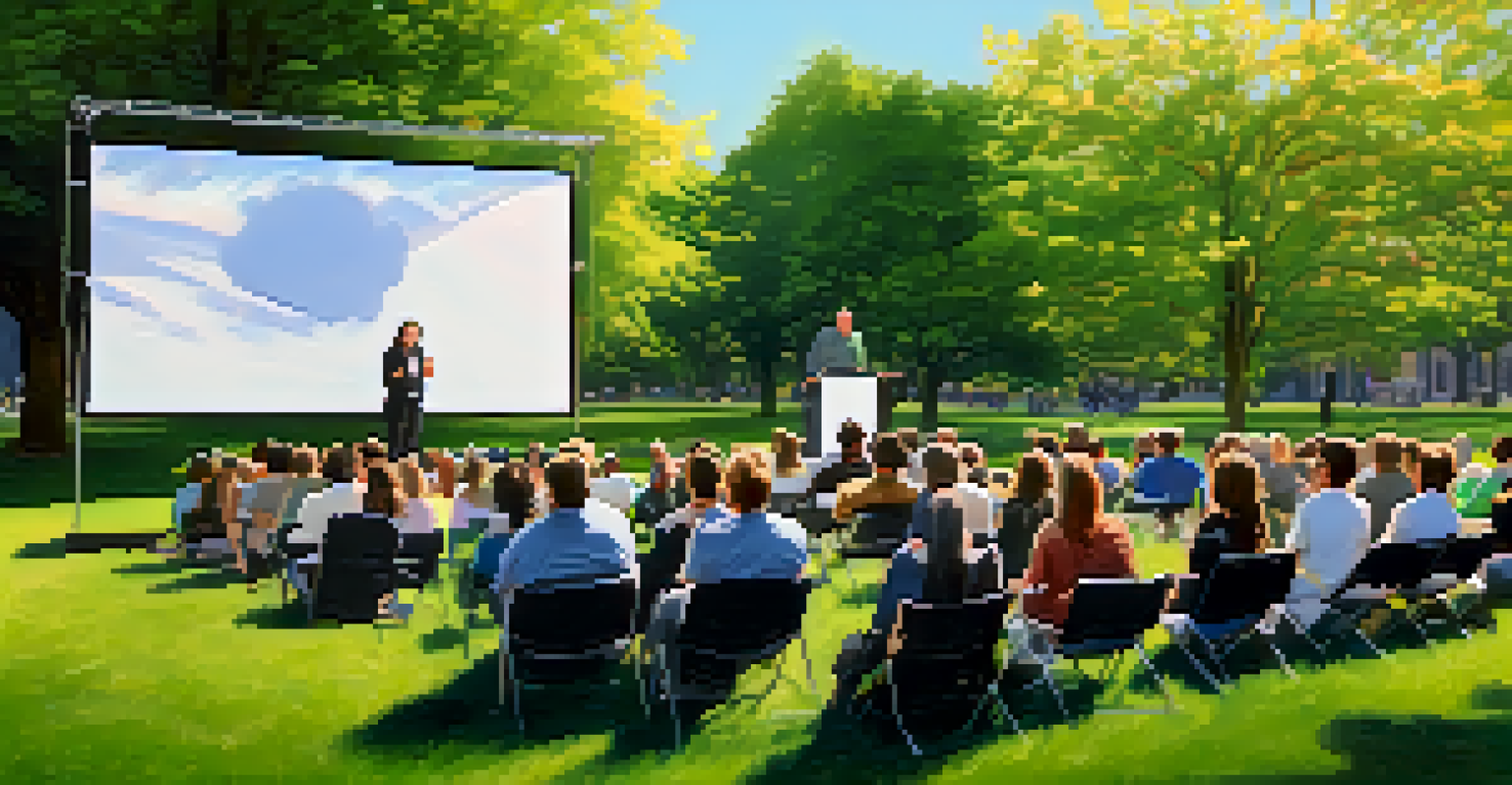 An outdoor investment seminar in a park with attendees on blankets, a speaker at a podium, and trees providing shade.