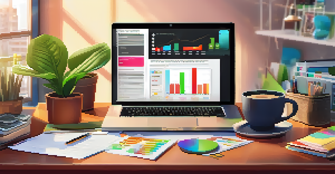 An office desk featuring a laptop showing a cash flow statement, colorful stationery, a potted plant, and a cup of coffee in a warmly lit environment.