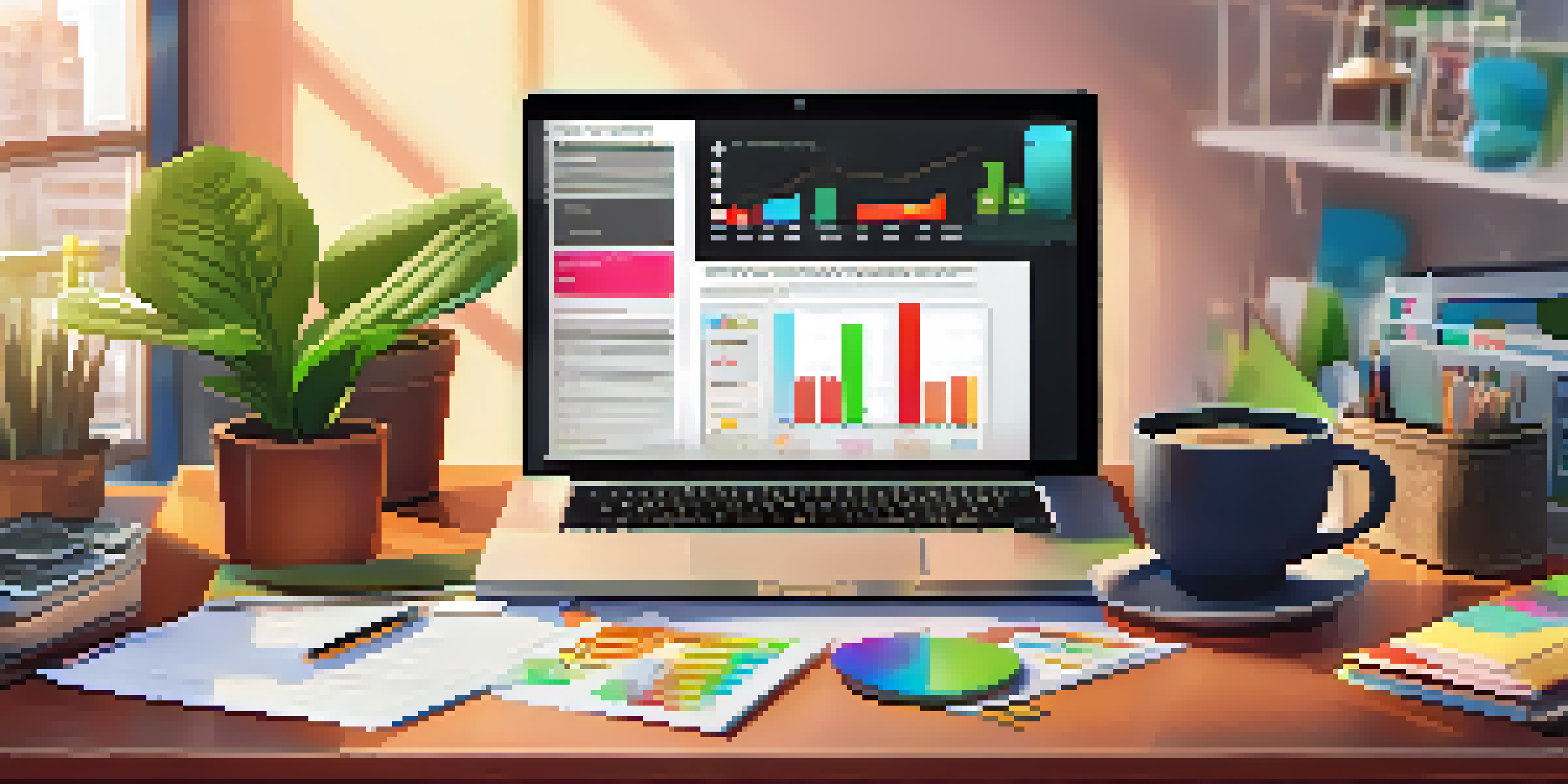An office desk featuring a laptop showing a cash flow statement, colorful stationery, a potted plant, and a cup of coffee in a warmly lit environment.