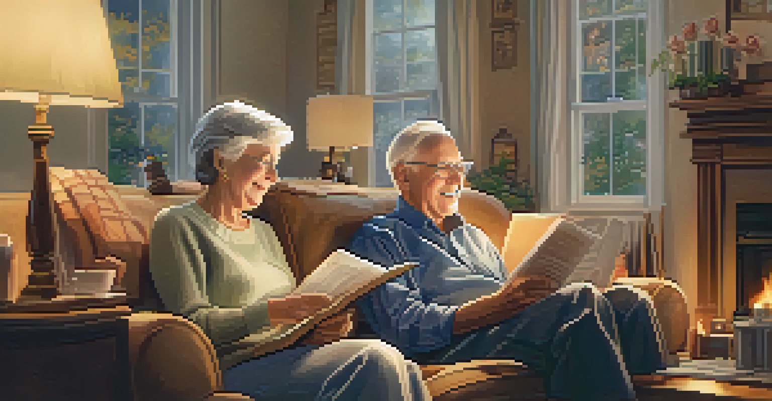 An elderly couple sitting in a cozy living room, joyfully reviewing financial documents, surrounded by family photos and a fireplace.