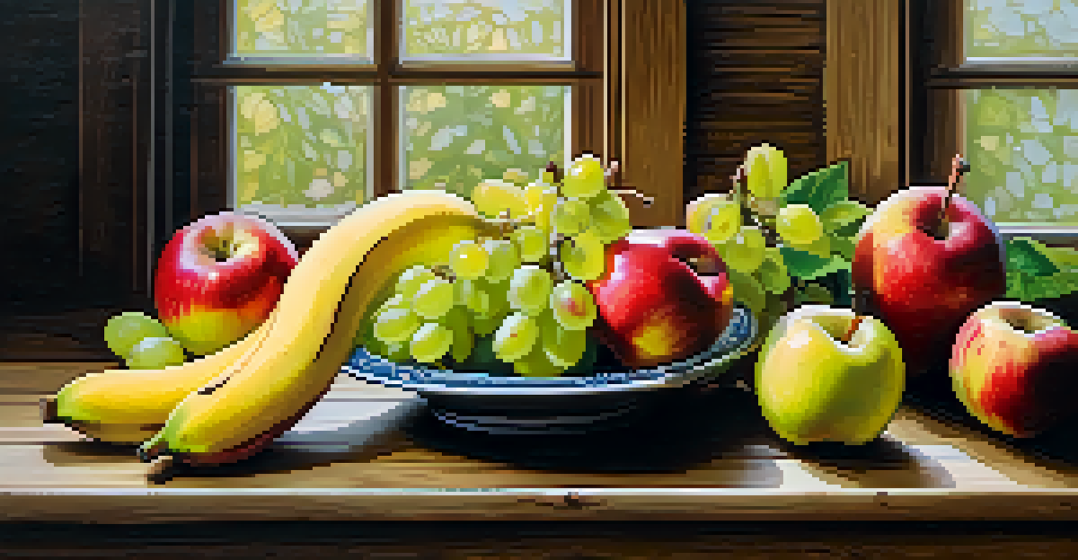 A vibrant still life of fresh fruits on a wooden table, illuminated by soft natural light.