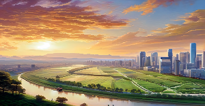 A landscape showing a city skyline on one side and green fields on the other, with a river in between. Diverse people are discussing investment opportunities.