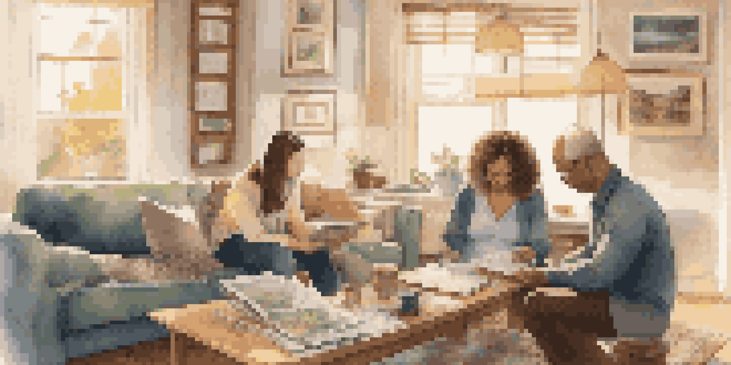 A family budgeting in a cozy living room, with documents and a laptop on the table, and a child playing in the background.