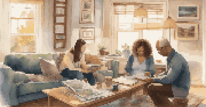 A family budgeting in a cozy living room, with documents and a laptop on the table, and a child playing in the background.