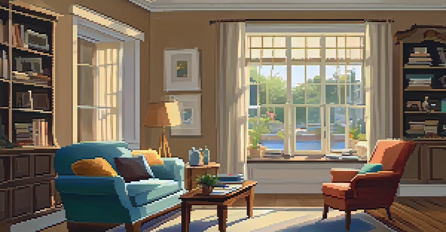 A retired individual reading a book in a cozy living room filled with natural light, complete with a warm cup of tea on a side table.