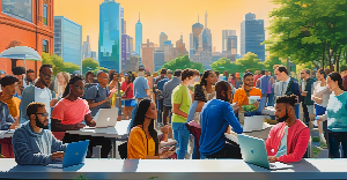 A diverse group of people in an urban setting engaging in equity crowdfunding using digital devices, with a city skyline in the background.