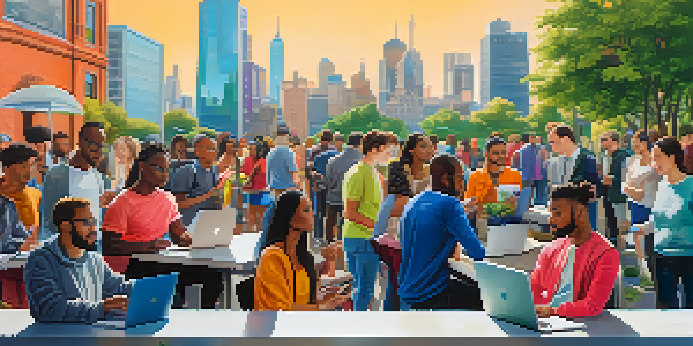 A diverse group of people in an urban setting engaging in equity crowdfunding using digital devices, with a city skyline in the background.