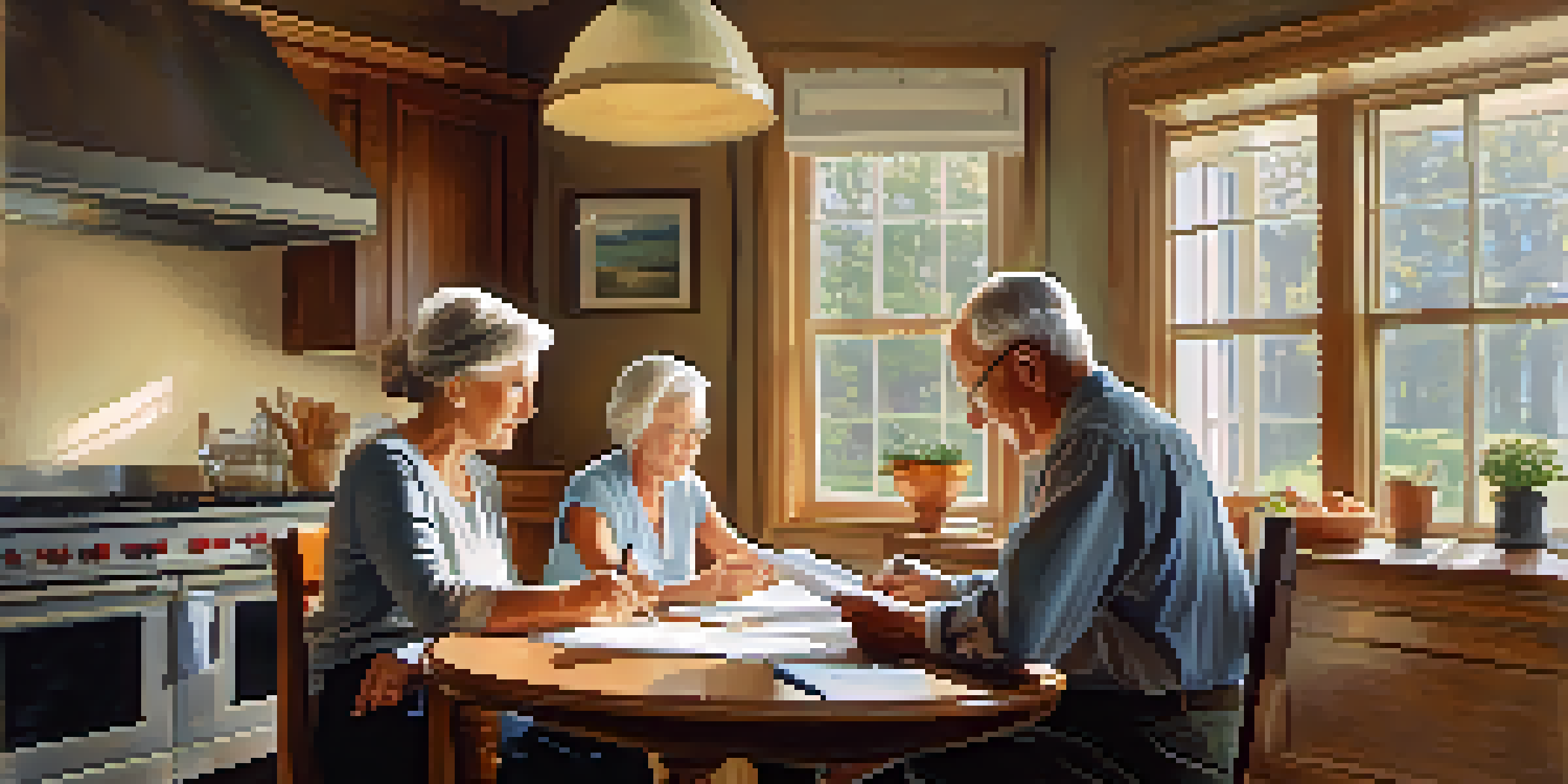A senior couple sitting at a kitchen table, reviewing financial documents with a laptop and coffee, illuminated by morning light.