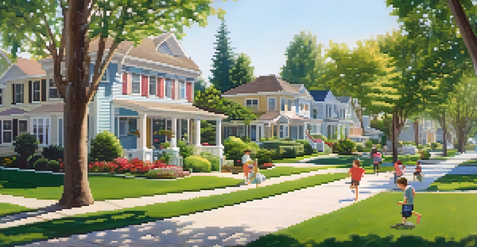 A scenic residential neighborhood with houses, gardens, and a family playing outside under the sunlight.