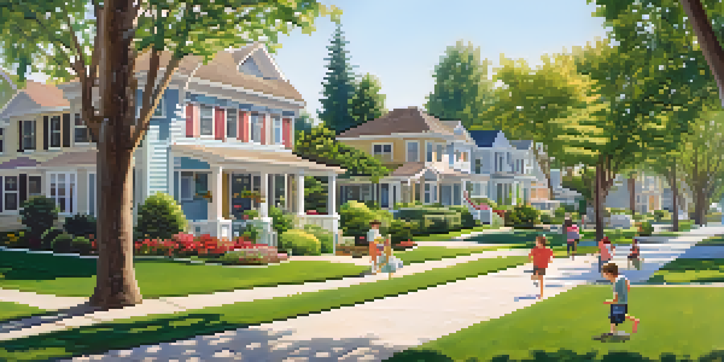 A scenic residential neighborhood with houses, gardens, and a family playing outside under the sunlight.