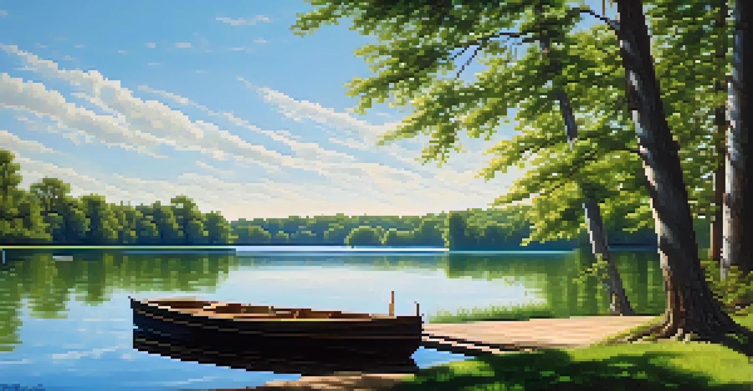A tranquil lake scene with green trees, a bright sky, and a wooden dock with a rowboat.