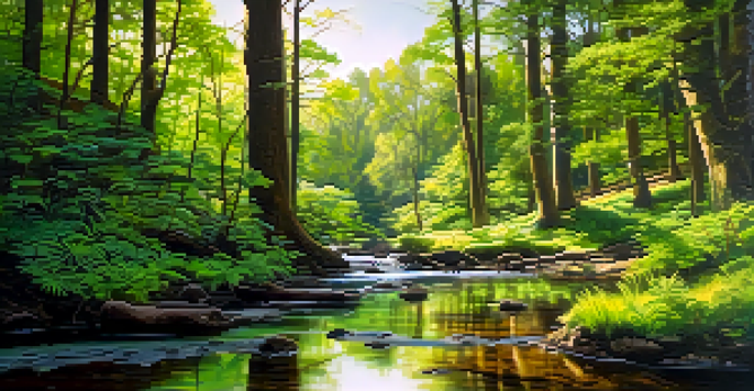 A tranquil forest scene with sunlight filtering through the trees and a small stream flowing in the foreground.