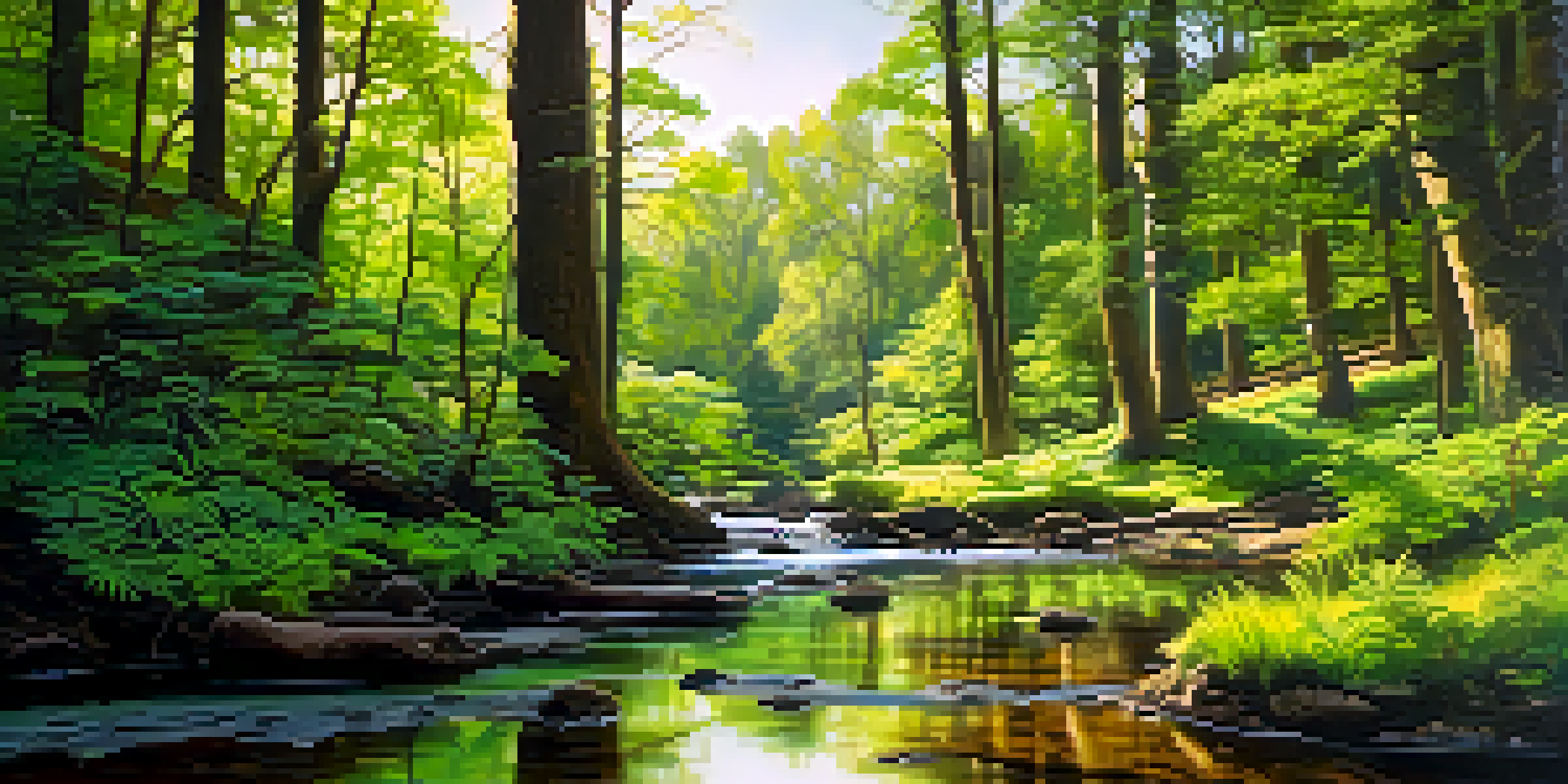 A tranquil forest scene with sunlight filtering through the trees and a small stream flowing in the foreground.