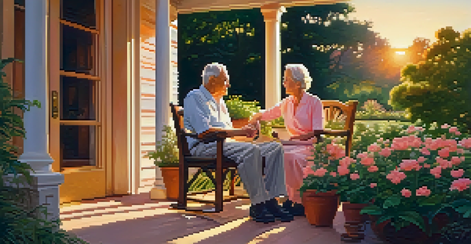 An elderly couple enjoying a sunset on their porch with a garden view, displaying warmth and tranquility.
