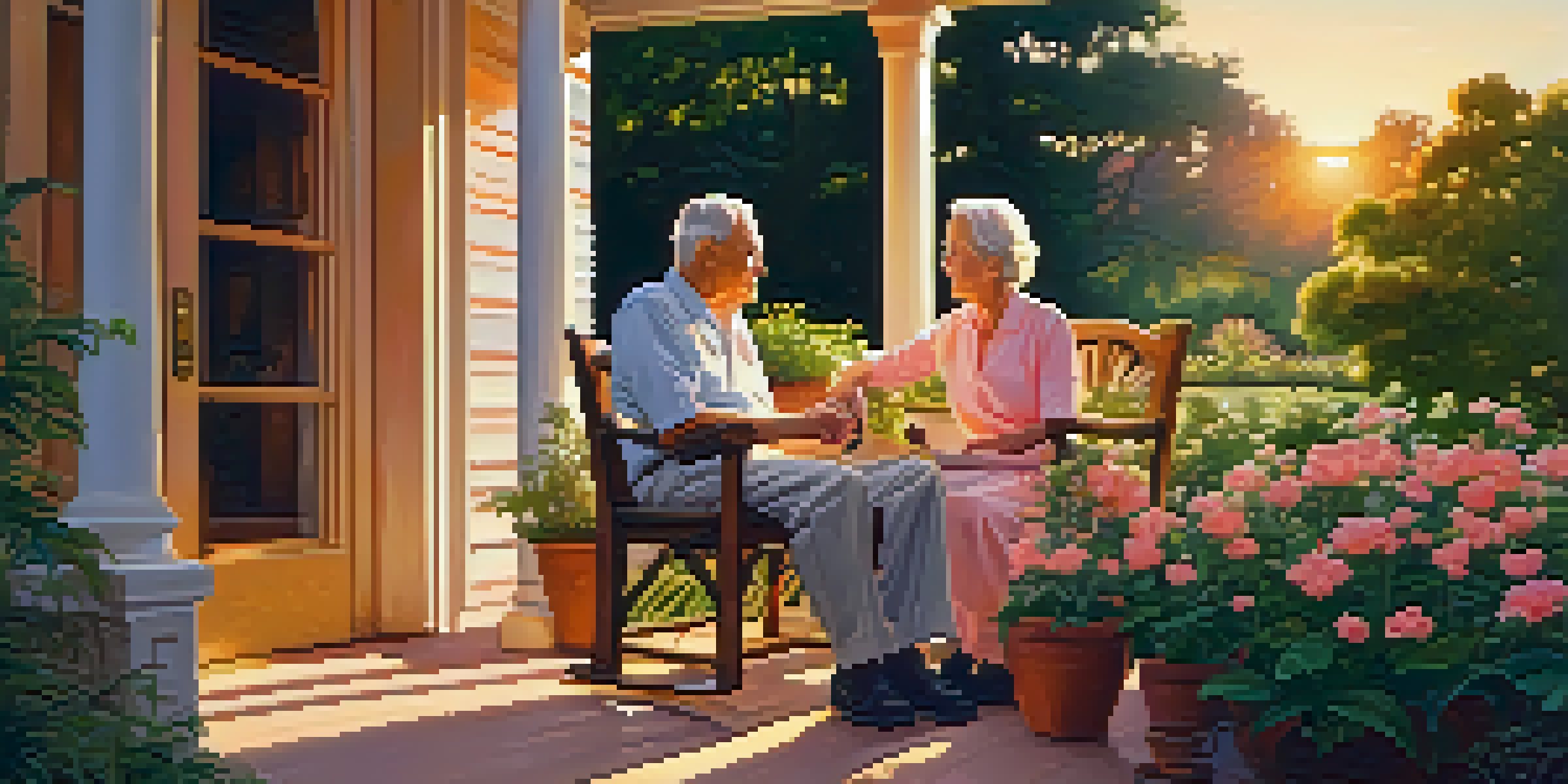 An elderly couple enjoying a sunset on their porch with a garden view, displaying warmth and tranquility.