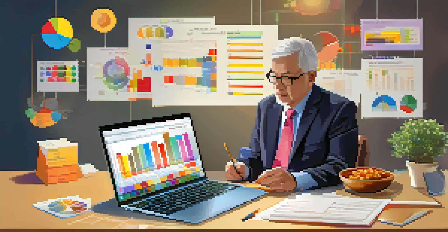 An illustration of tax planning for retirement, featuring a person with charts and graphs on a table, emphasizing financial growth.
