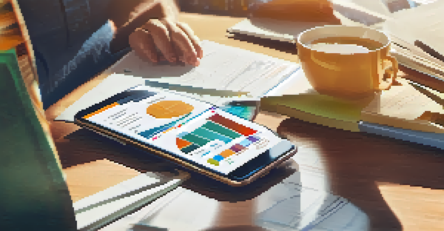 A close-up view of a smartphone displaying a budgeting app, surrounded by financial documents and a cup of coffee.