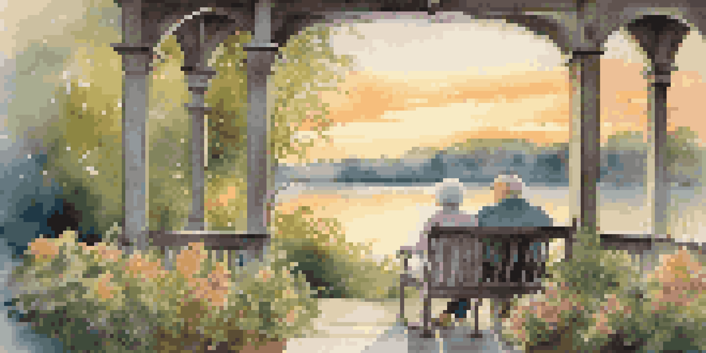 An elderly couple sitting on a porch at sunset, overlooking a peaceful lake, surrounded by flowers and greenery.