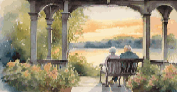 An elderly couple sitting on a porch at sunset, overlooking a peaceful lake, surrounded by flowers and greenery.