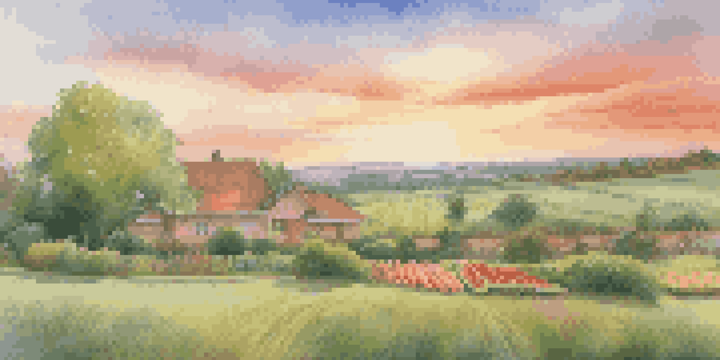 A peaceful landscape symbolizing a diversified investment portfolio with fields, a modern home, and colorful commodities under a sunrise sky.