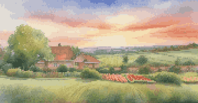 A peaceful landscape symbolizing a diversified investment portfolio with fields, a modern home, and colorful commodities under a sunrise sky.