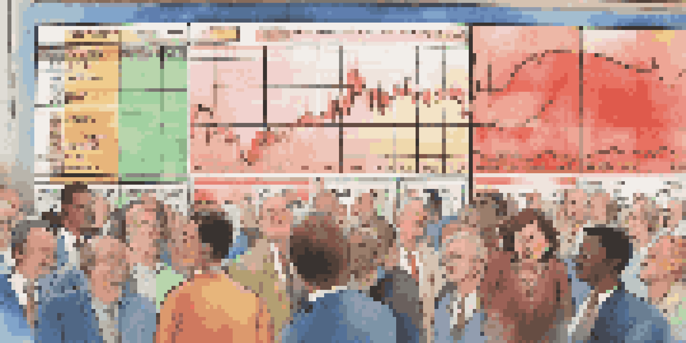 A diverse group of people gathered around a stock market trading screen with fluctuating prices, showing a mix of emotions.