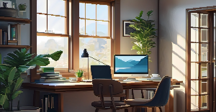 A peaceful home office with a wooden desk and laptop, illuminated by natural light, creating a warm atmosphere.