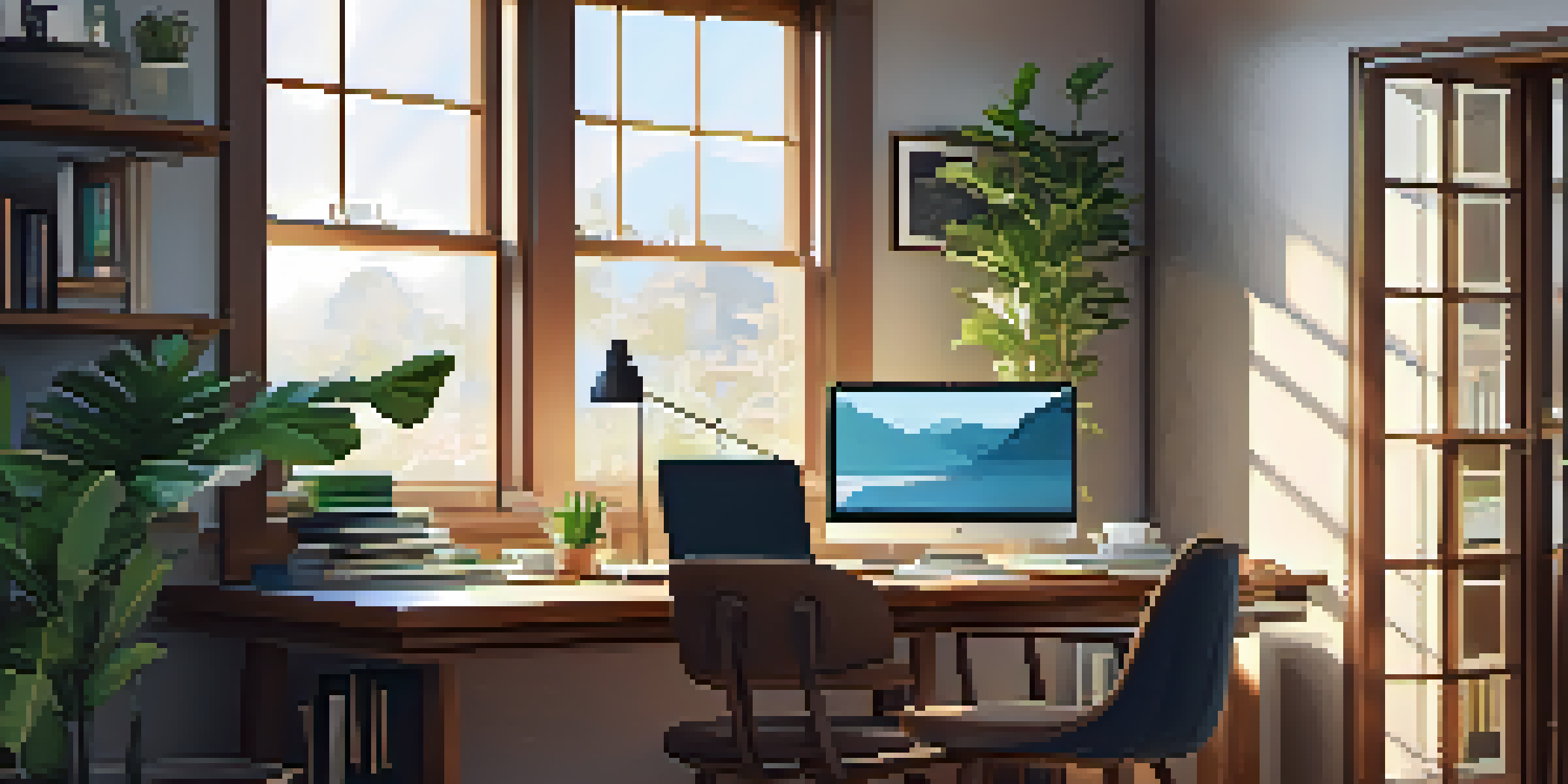 A peaceful home office with a wooden desk and laptop, illuminated by natural light, creating a warm atmosphere.