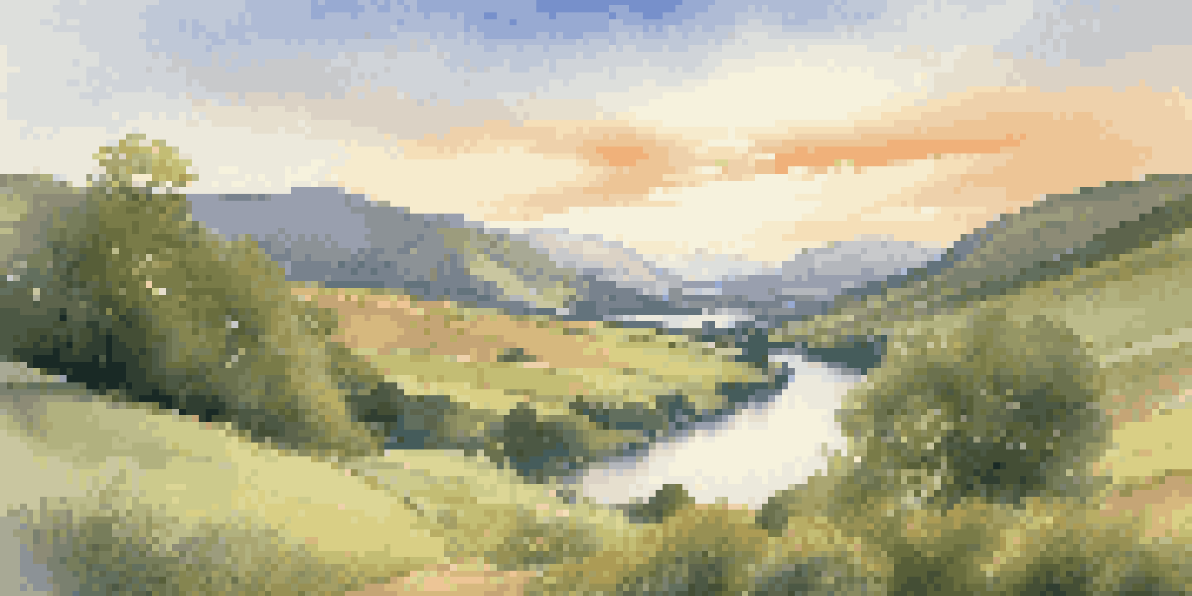 A picturesque landscape with a green valley, rolling hills, and a clear river under a blue sky with white clouds.