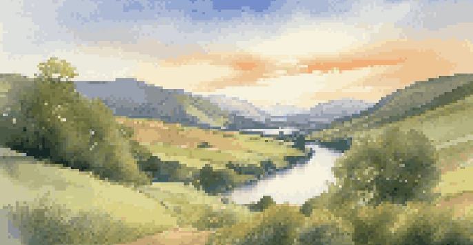 A picturesque landscape with a green valley, rolling hills, and a clear river under a blue sky with white clouds.