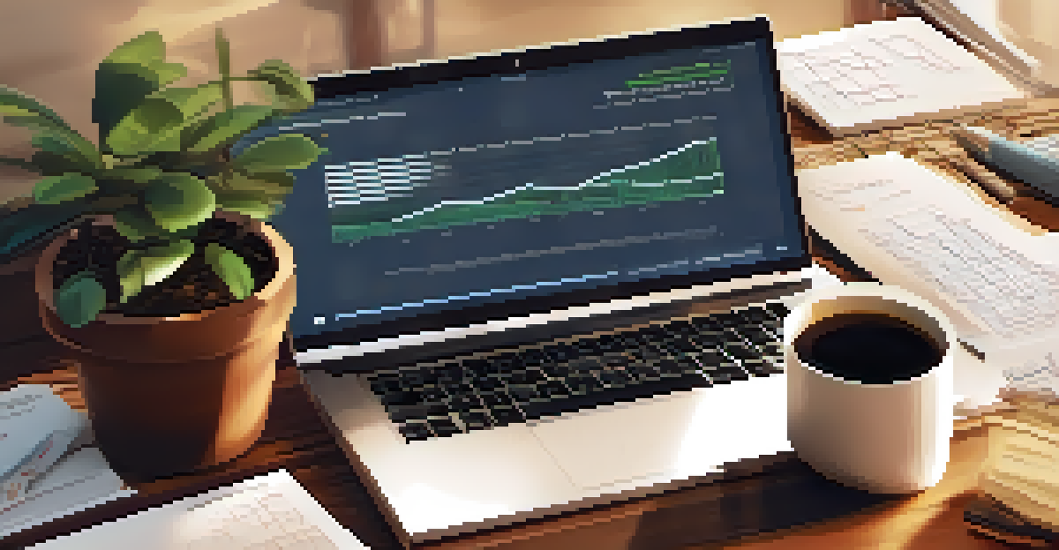 A close-up of a person reviewing a crowdfunding project on a laptop in a cozy workspace filled with notes and a coffee cup.