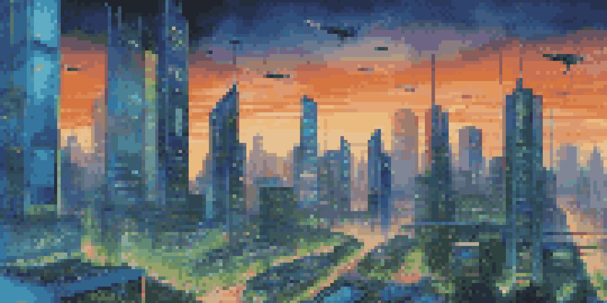 A futuristic cityscape with modern skyscrapers, greenery, drones, and digital screens, illuminated by neon lights during dusk.