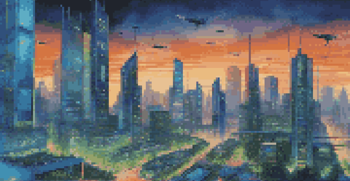 A futuristic cityscape with modern skyscrapers, greenery, drones, and digital screens, illuminated by neon lights during dusk.