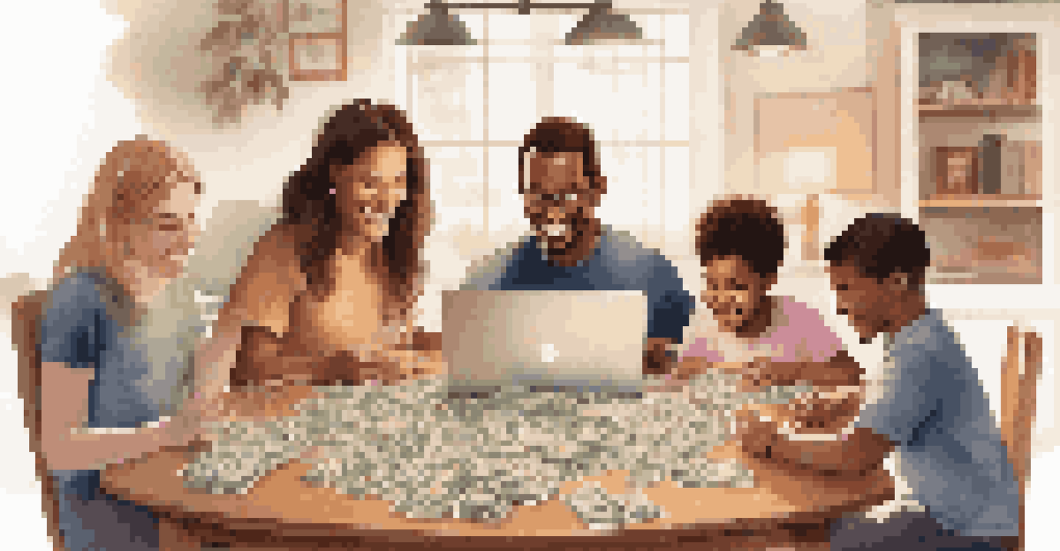 A family at a table participating in a financial role-playing game with play money and budgeting tools, showcasing teamwork and engagement.