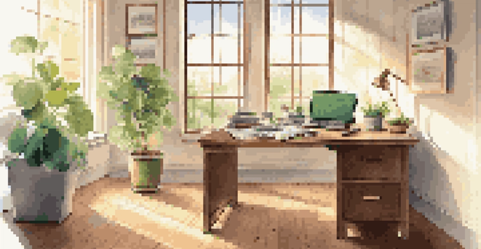 An inviting office with a wooden desk, laptop with financial charts, a cup of coffee, sunlight streaming in, and a potted plant.