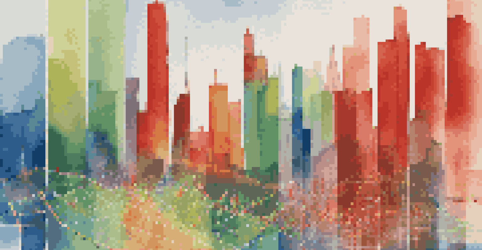 An abstract image illustrating the ups and downs of financial markets with colorful graphs against a city backdrop.