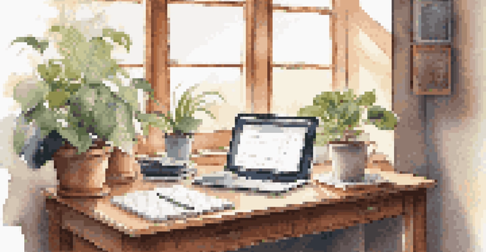 A cozy workspace with a wooden desk, a laptop, an open notebook with financial goals, and a potted plant, illuminated by afternoon sunlight.