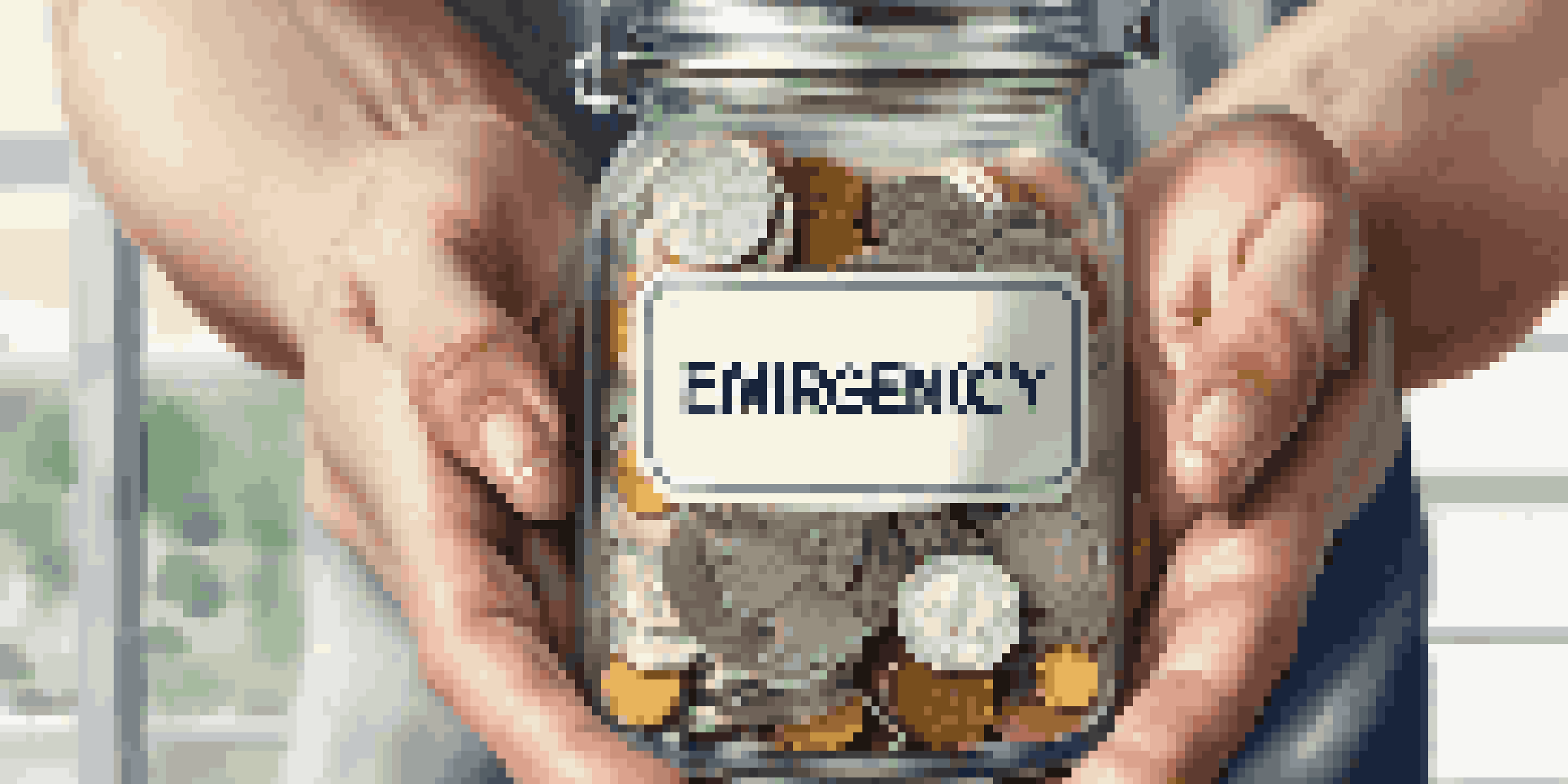 A close-up of hands holding a jar labeled 'Emergency Fund' filled with coins and dollar bills, emphasizing savings.