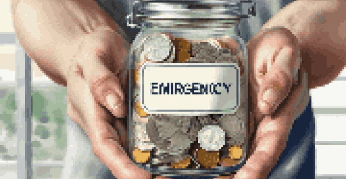 A close-up of hands holding a jar labeled 'Emergency Fund' filled with coins and dollar bills, emphasizing savings.