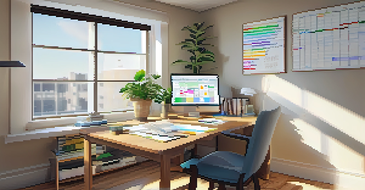 A desk with financial planning tools, a laptop, and colorful charts, illuminated by natural light.