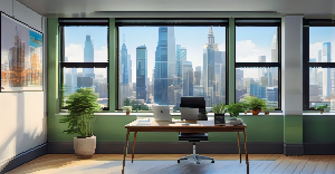 A bright office with a wooden desk, a laptop displaying financial data, and a view of a city skyline.